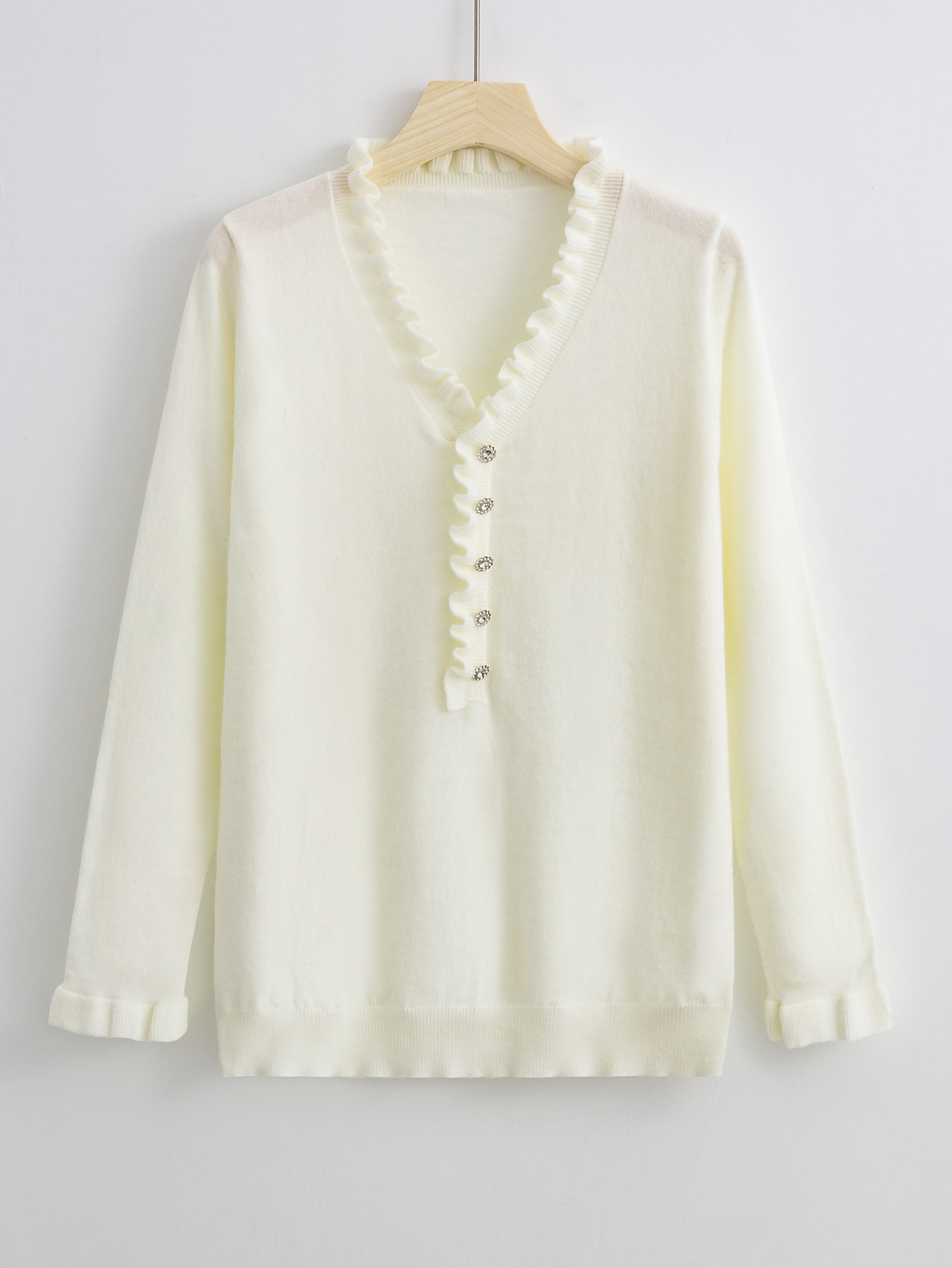 Women's Long Sleeve Ruffle Knit Top V-Neck Beaded