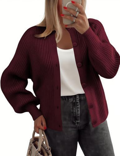 Women's Chunky Knit Button-Front Cardigan Sweater Long Sleeve Crew Neck