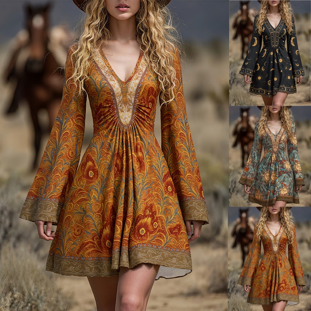 Women's Vintage V-Neck Printed Long Sleeve A-Line Dress Boho