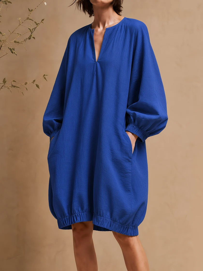 Women's V-Neck Loose Midi Dress with Lantern Sleeves