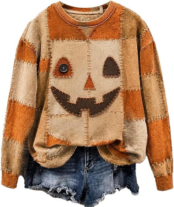 Evil Pumpkin Smiley Face Print Crewneck Long Sleeve Pullover Sweatshirt