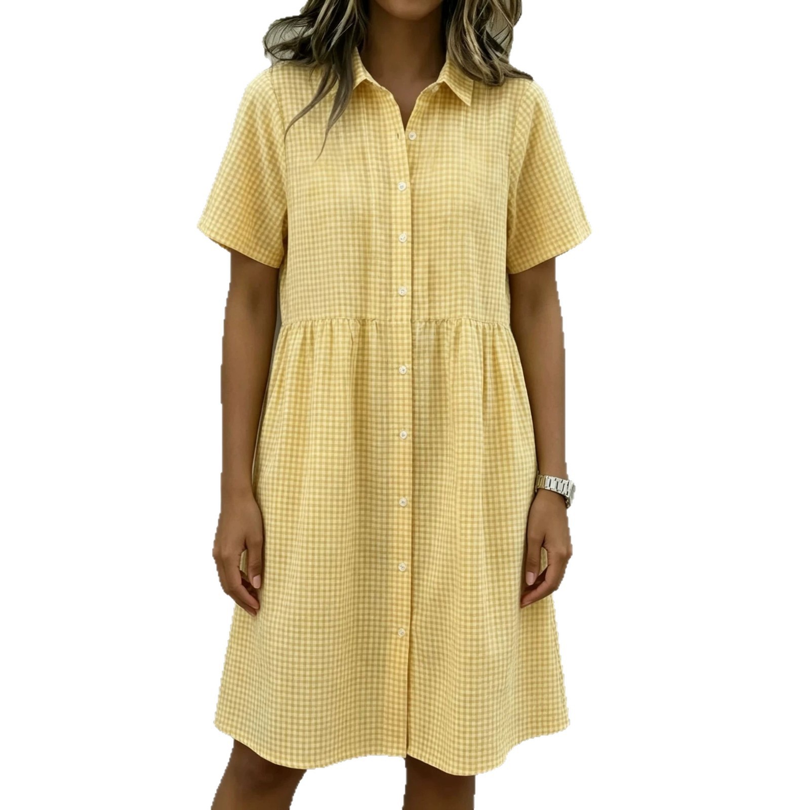 Retro Plaid Polo Collar Puff Sleeve Dress