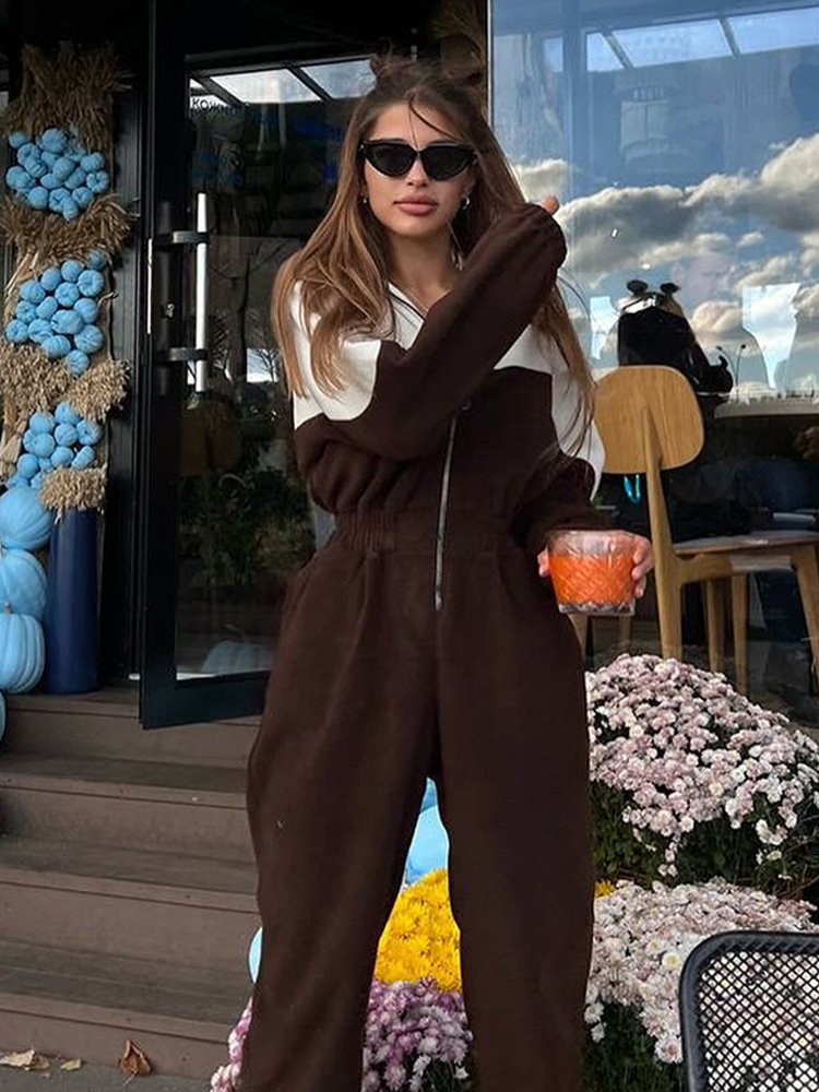 Women's Color-Block Long Sleeve Jumpsuit Casual Sporty Streetwear