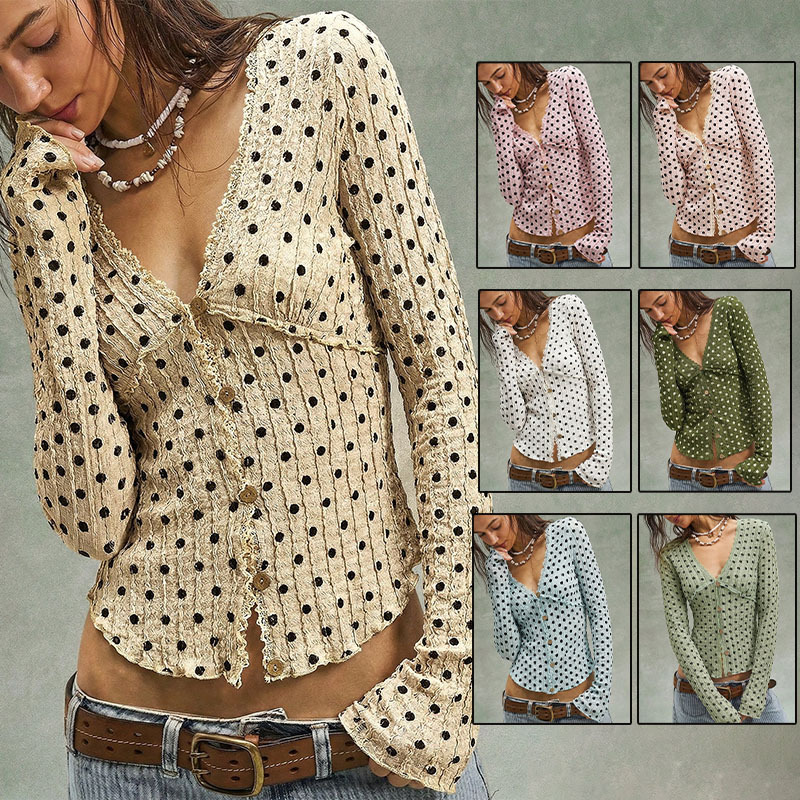Polka Dot V-Neck Ruffle Lace Cropped Cardigan Knit Top