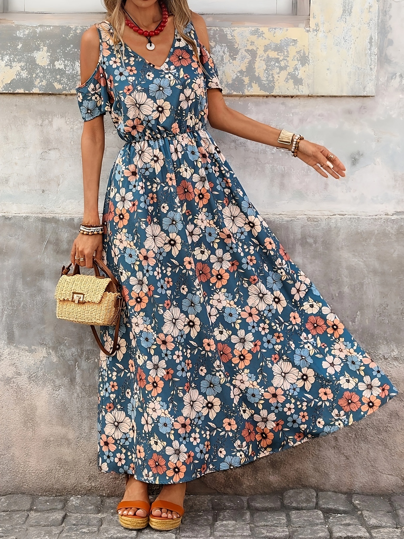 Floral Print V-Neck Cold-Shoulder Midi Dress