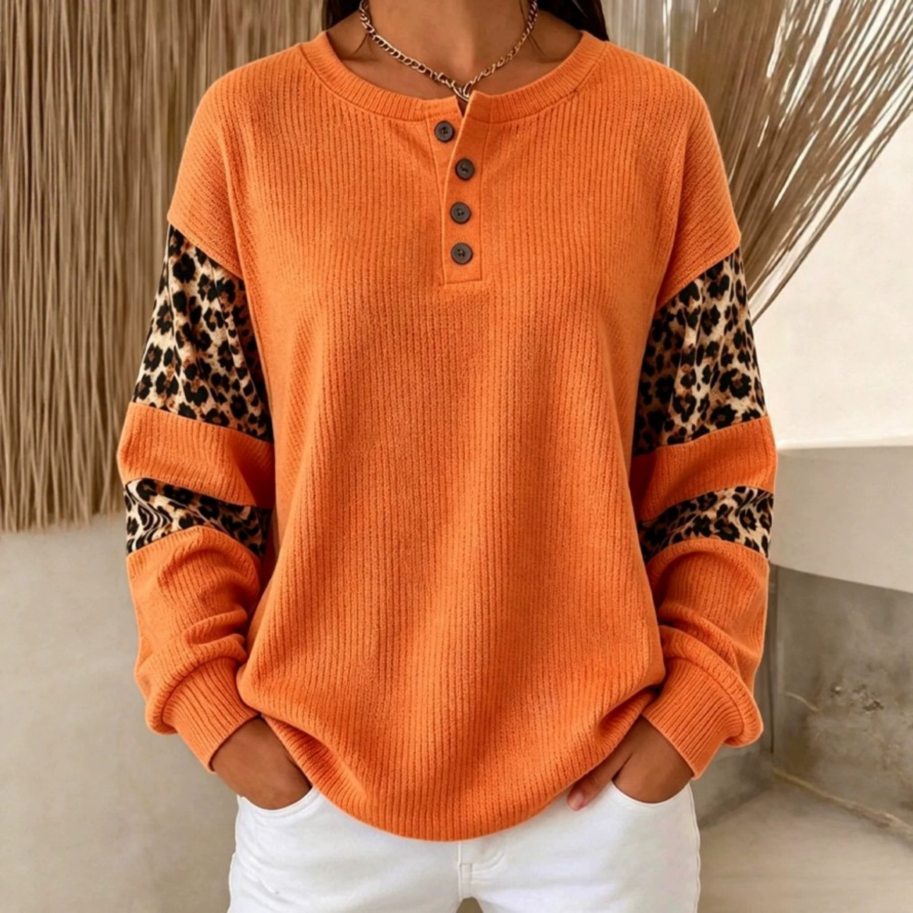 Women's Retro Color-Block Leopard Print Buttoned Sweatshirt