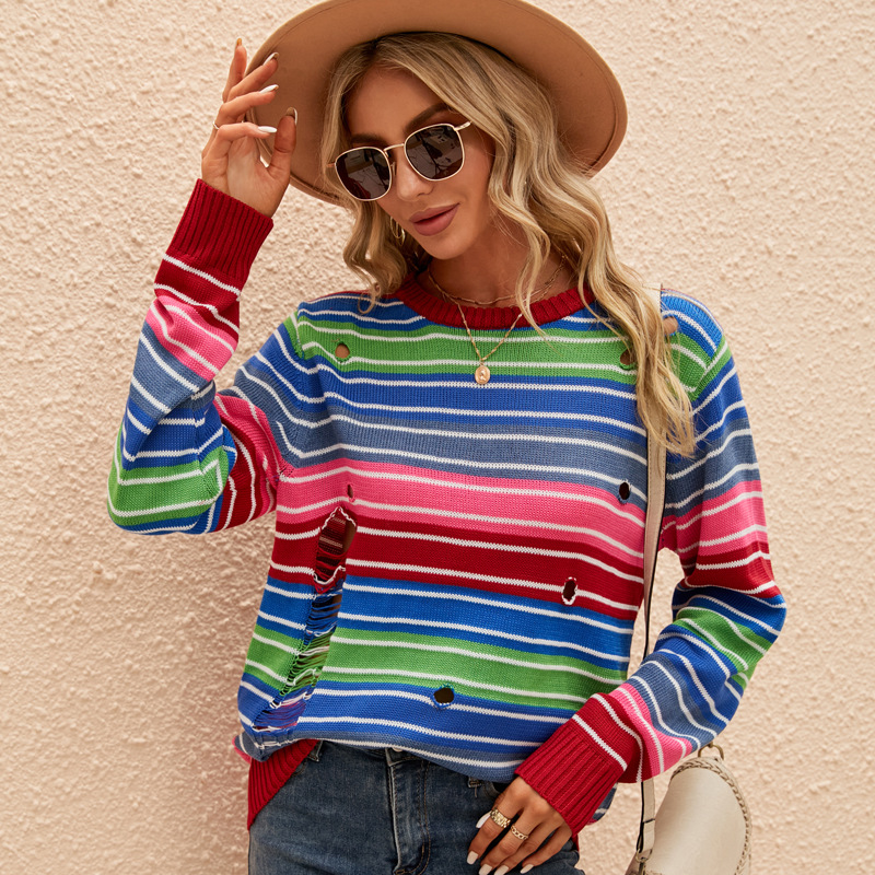 Colorful Striped Crewneck Knit Sweater with Ripped Contrast Details