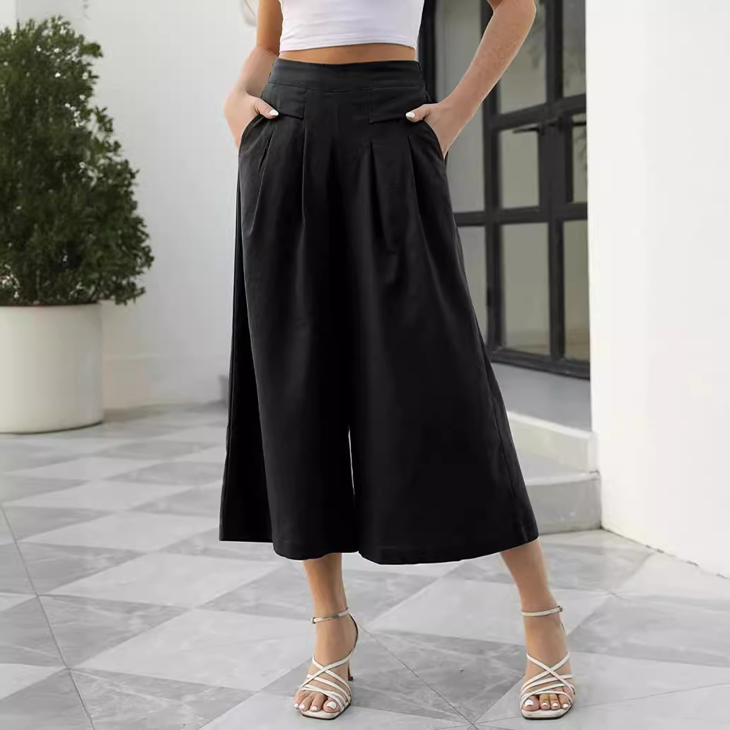 Women's Cotton-Feel Wide-Leg Cropped Pants with Elastic Waist and Pockets
