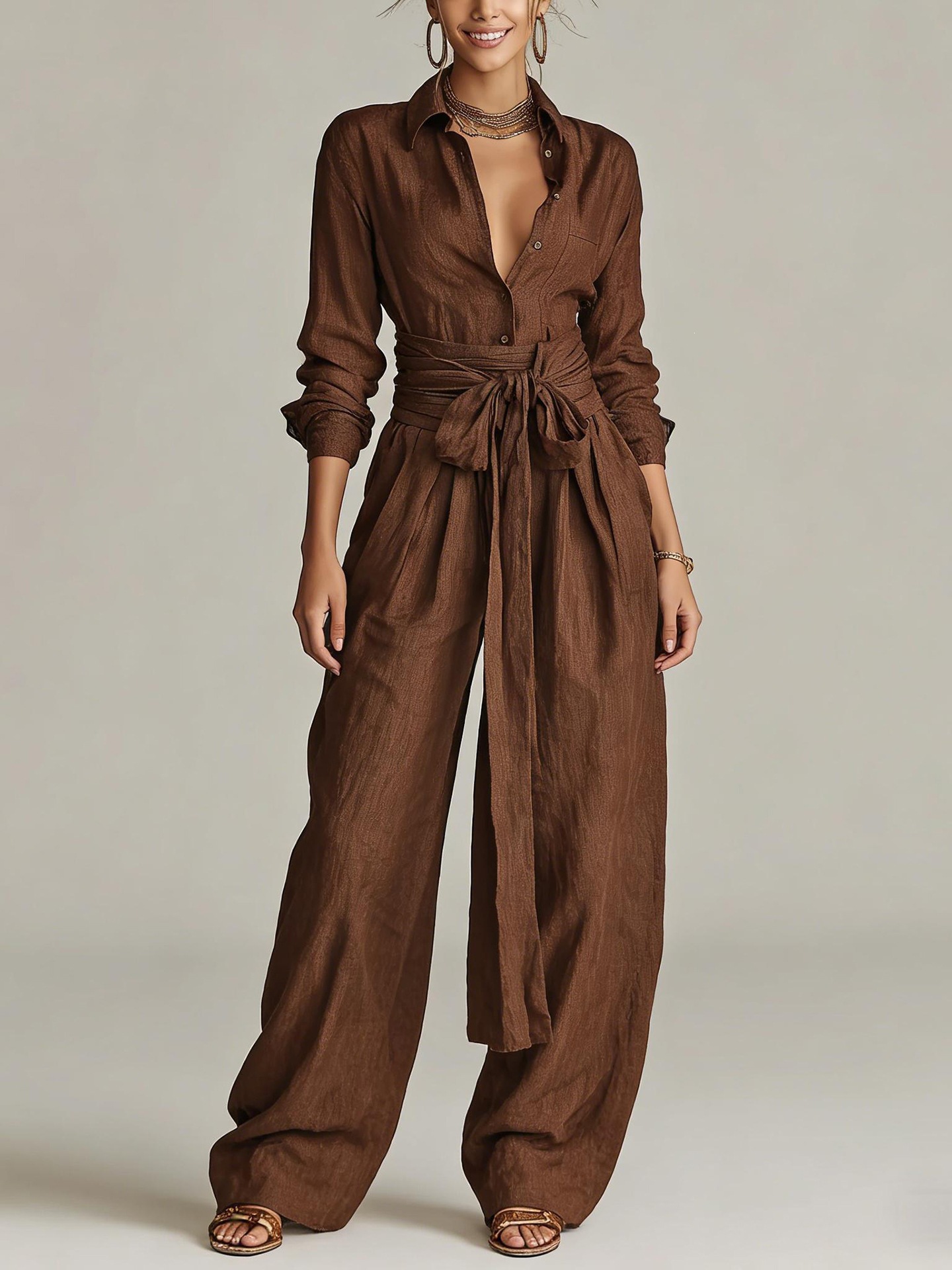 Solid Color High-Waist Tie-Waist Wide-Leg Jumpsuit