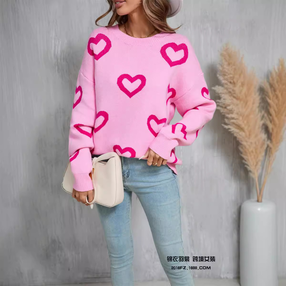 Heart Jacquard Crewneck Pullover Sweater