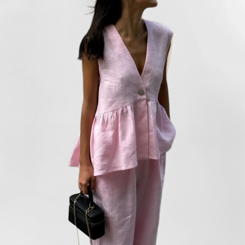 Women's Casual Sleeveless V-Neck Top & Wide-Leg Pants Set Solid Color