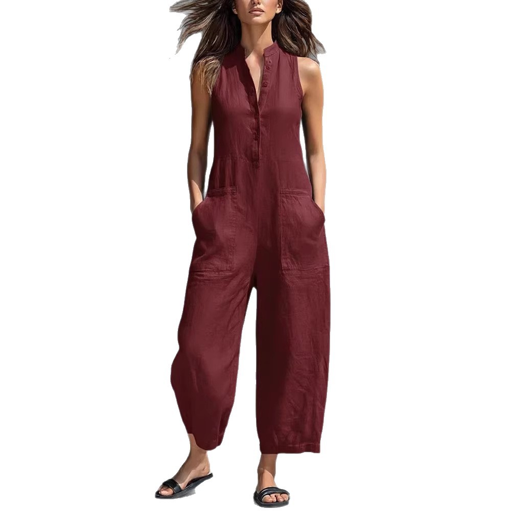 Women's Sleeveless Stand Collar Pocket Jumpsuit Casual Solid Color Straight Leg
