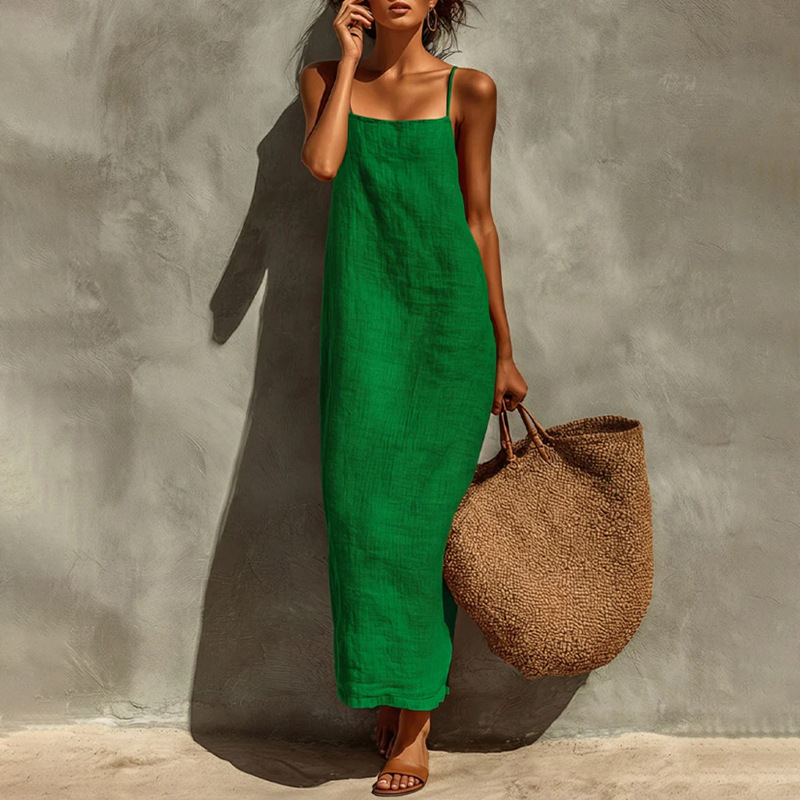 Women's Summer Sleeveless A-Line Maxi Dress Solid Color French Style