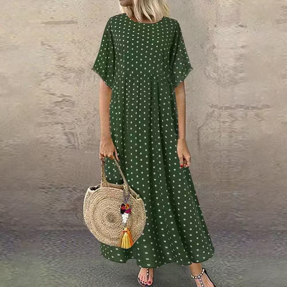 Polka Dot A-Line Midi Dress Plus Size Short Sleeve Round Neck