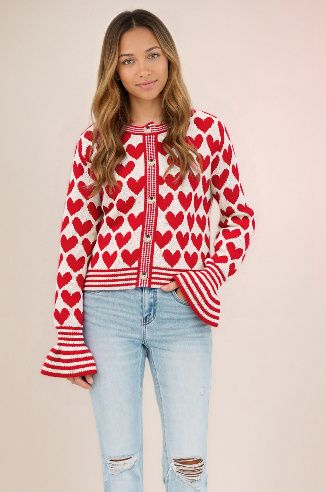 Heart Knit Cardigan Button-Up Flared Sleeve Sweater