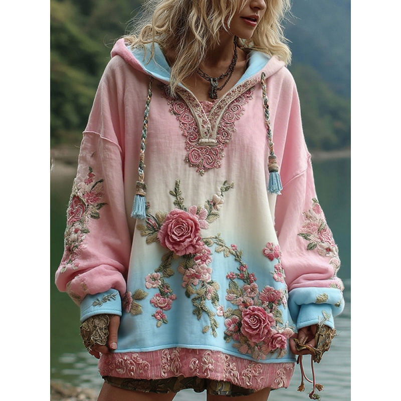 Japanese Cherry Blossom Print Loose Crewneck Sweatshirt