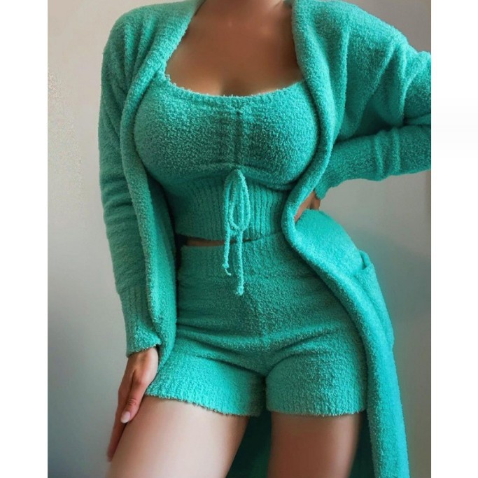 Women's Fuzzy 3-Piece Lounge Set with Tie and Pockets
