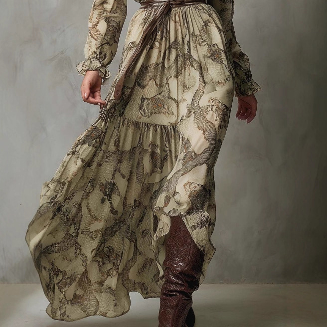 Ruffled V-Neck Chiffon Maxi Dress Desert Python Print