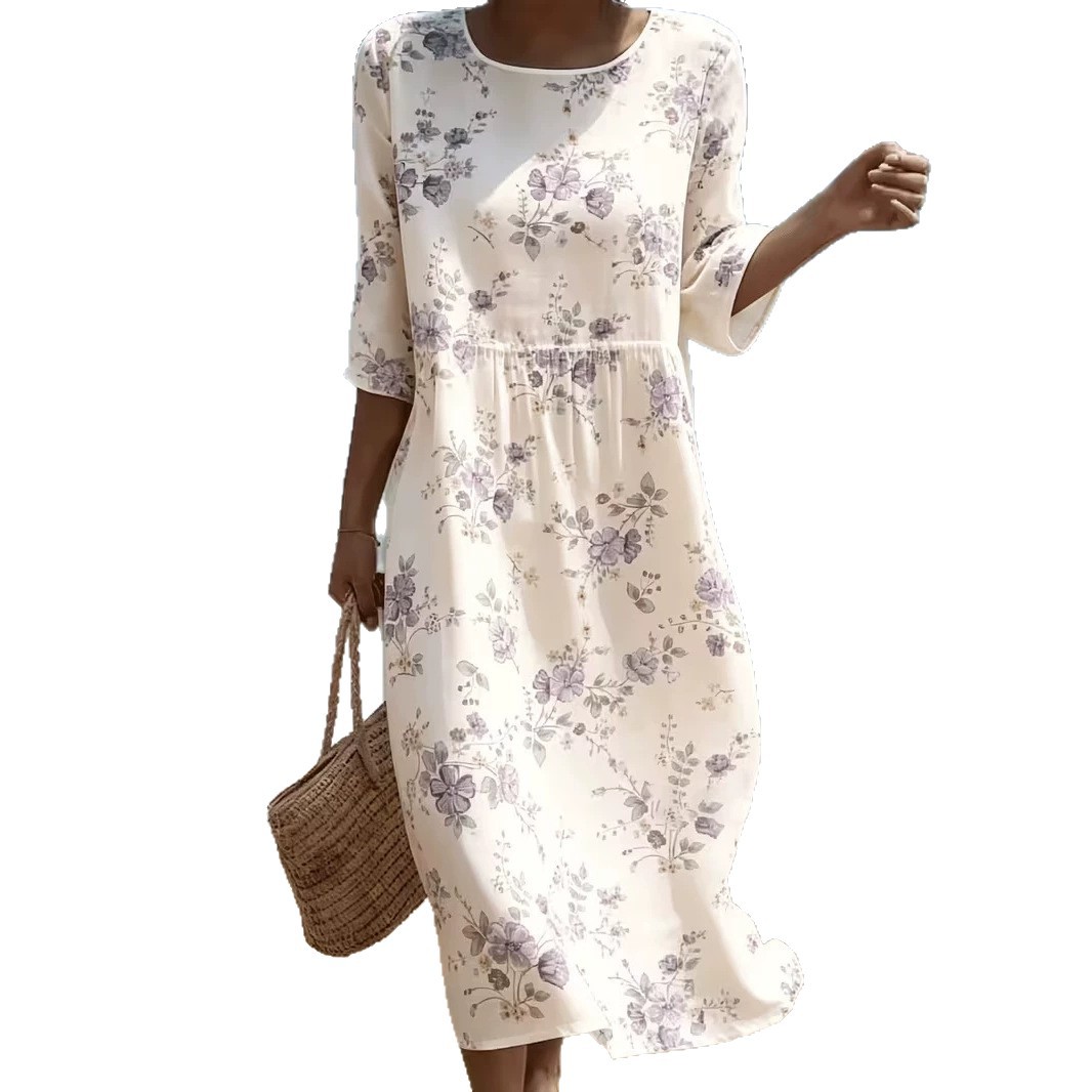 Women's Floral Print Ruched Midi Dress Crew Neck Half Sleeve