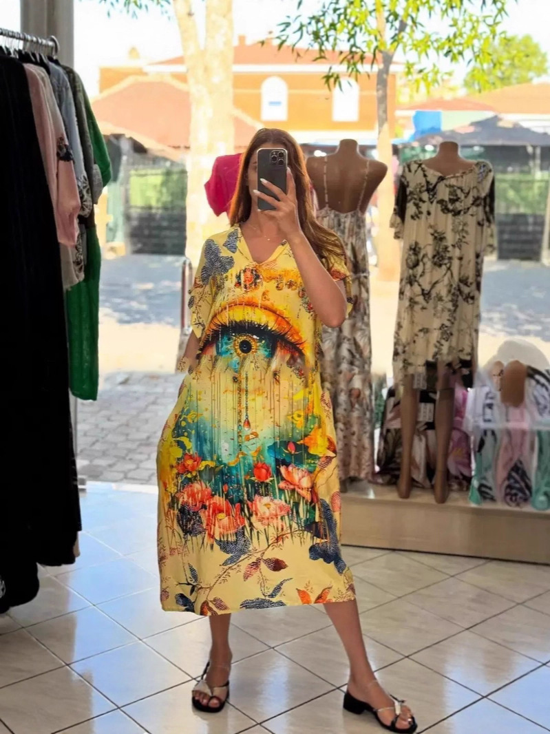 Women's Printed V-Neck Collared Casual Long Vacation Dress