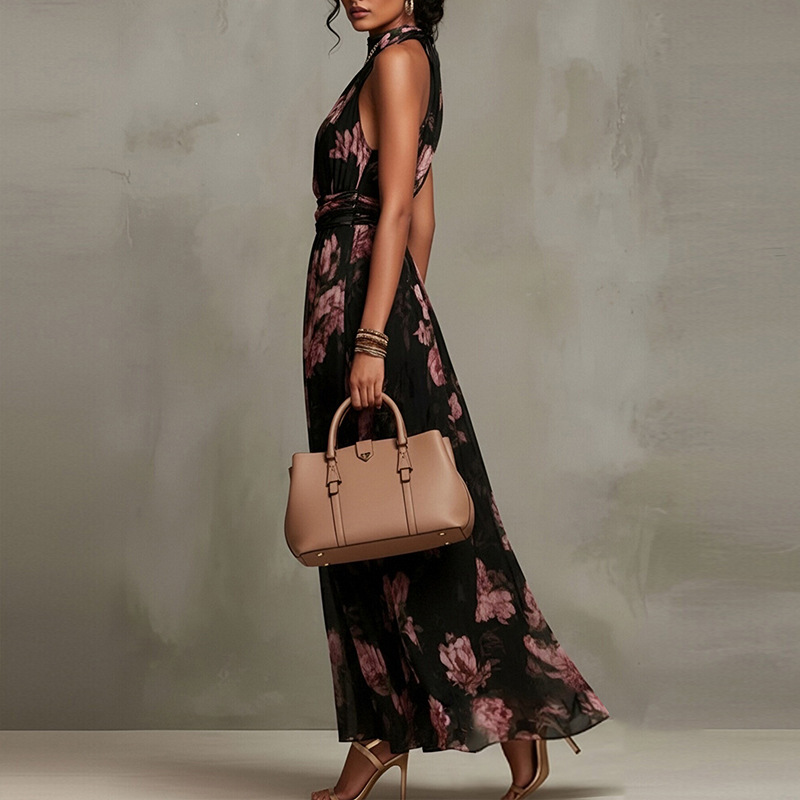Elegant Floral Print Halter Sleeveless Bodycon Midi Dress