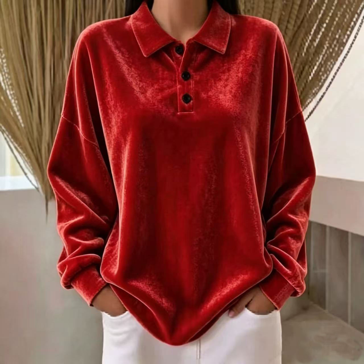 Women's Loose Velvet Button-Up Long-Sleeve Sweatshirt