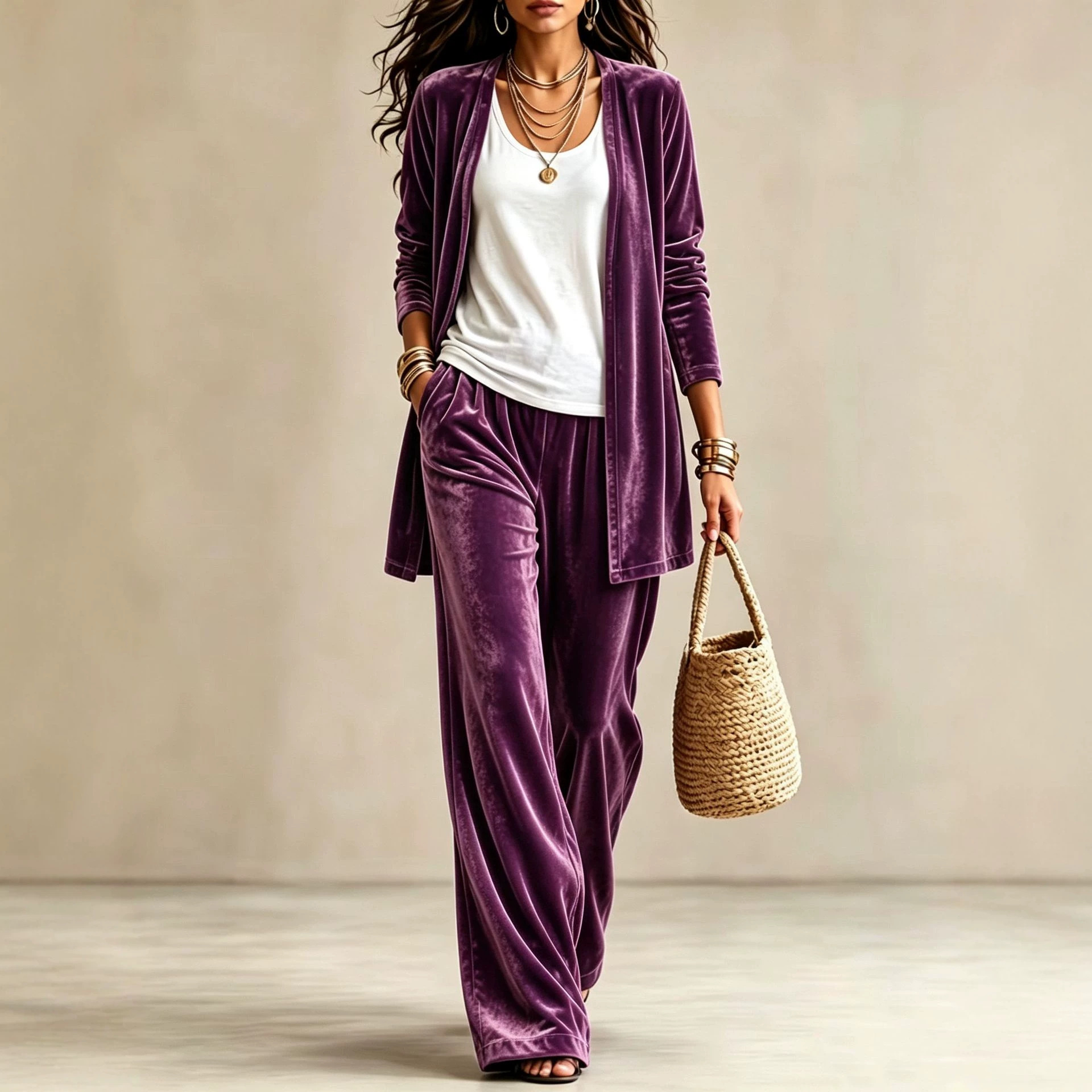 Women's 2-Piece Lounge Set: Solid Long Cardigan & High-Waist Wide-Leg Pants