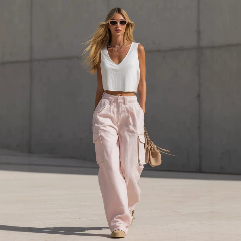 White Tank Top and Pink Cargo Pants Cotton Set