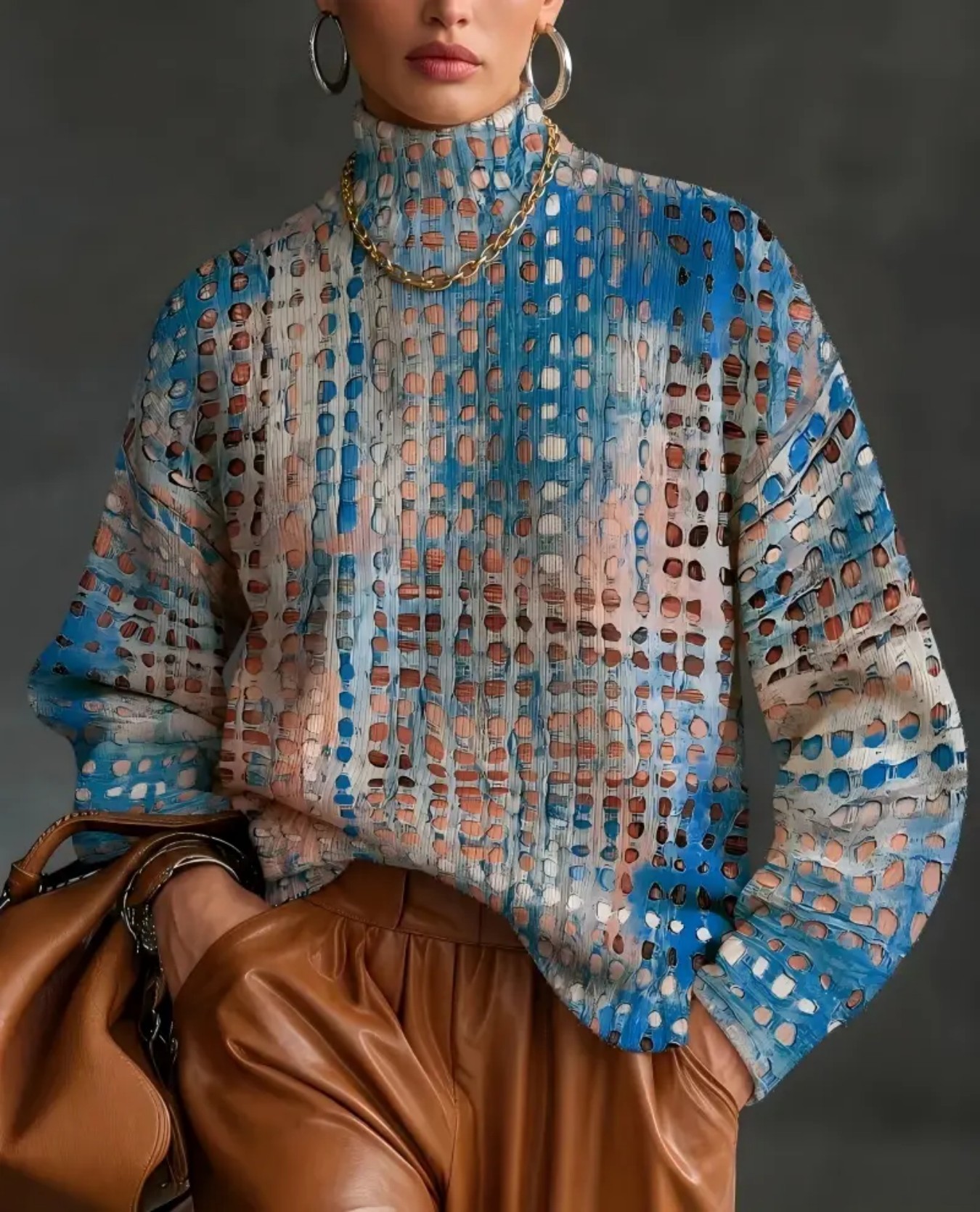 Women's Floral Polka Dot Print Turtleneck Casual Sweater