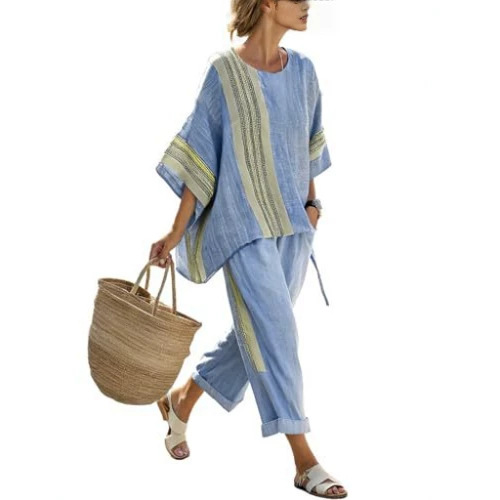 Bohemian Print Women's Two-Piece Set with Crew Neck, Three-Quarter Sleeves, and Cropped Pants
