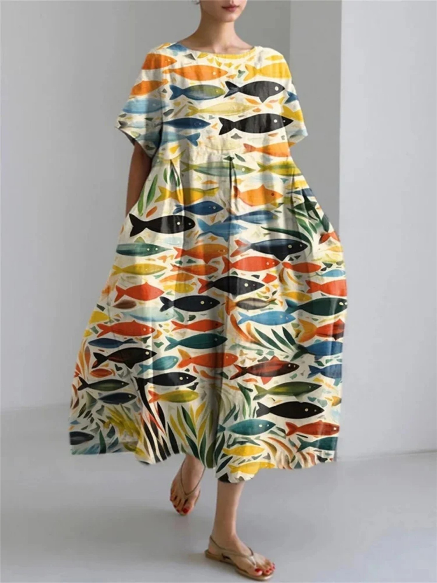Women's Animal Print Casual A-Line Dress with U-Neck and Short Sleeves