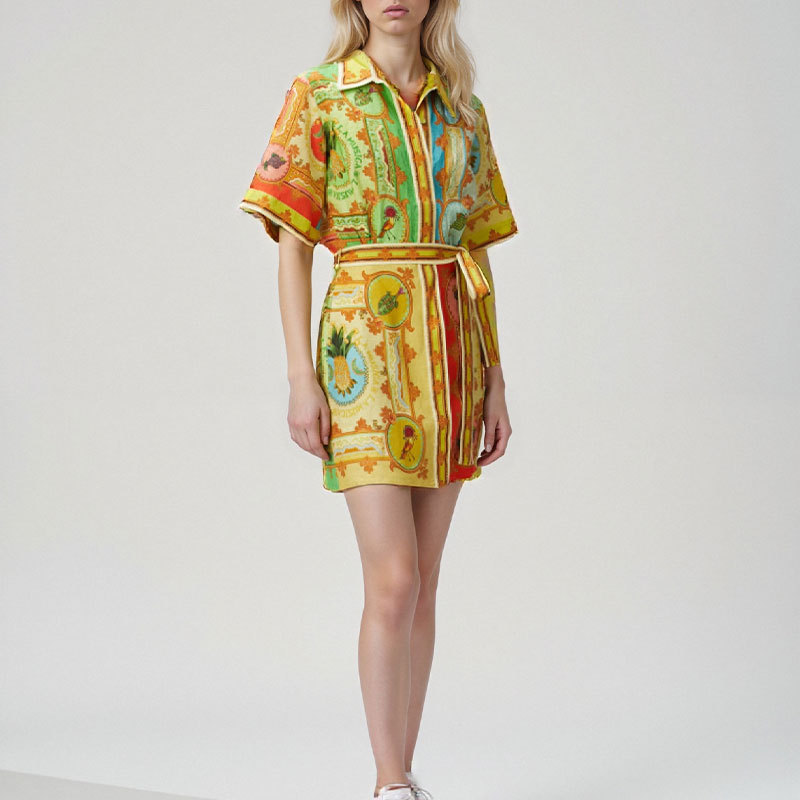 Women's Printed Collared Tie-Front Short Dress