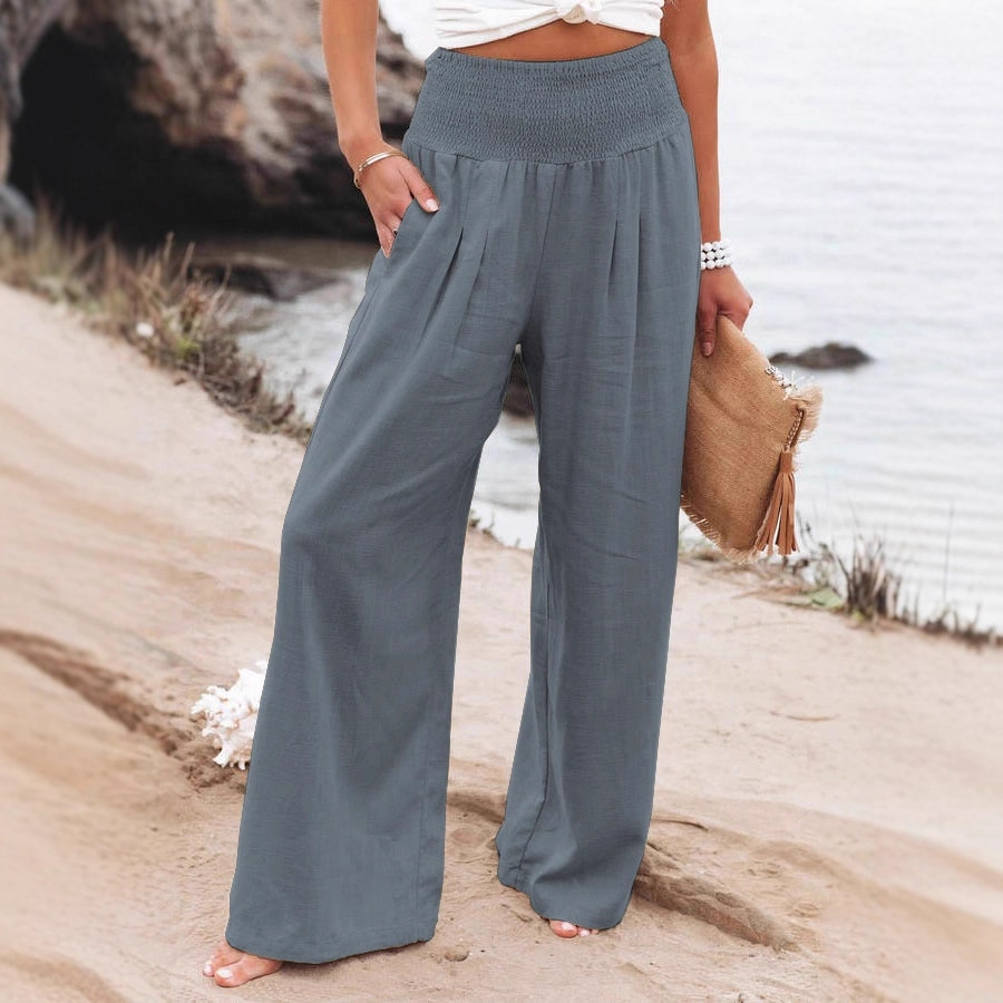 Cotton-Linen Wide-Leg Pants with Elastic High Waist