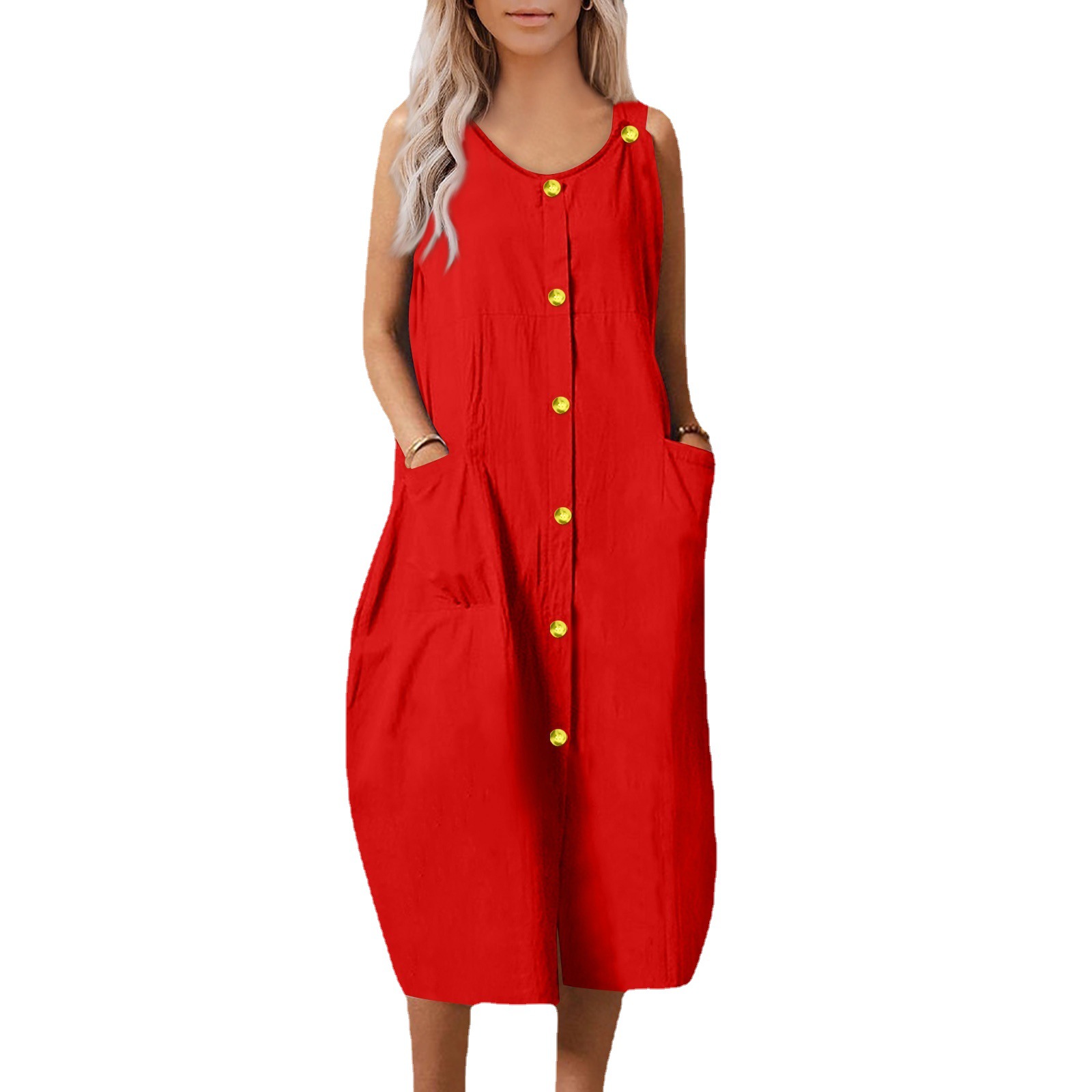 Women's Solid Color Loose Casual Button-Front Strap Dress Long