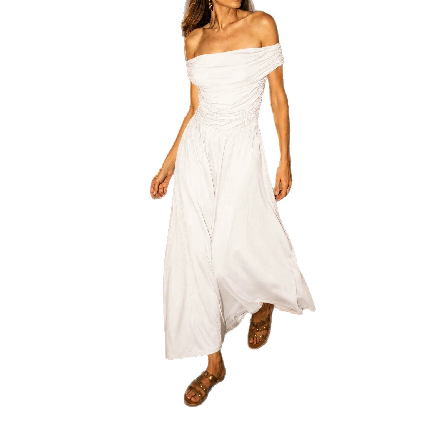 2026 Amazon Cross-Border New Summer Off-Shoulder Waist-Cinching Dress Draped Pleated Off-Shoulder Long Dress Women's Wear