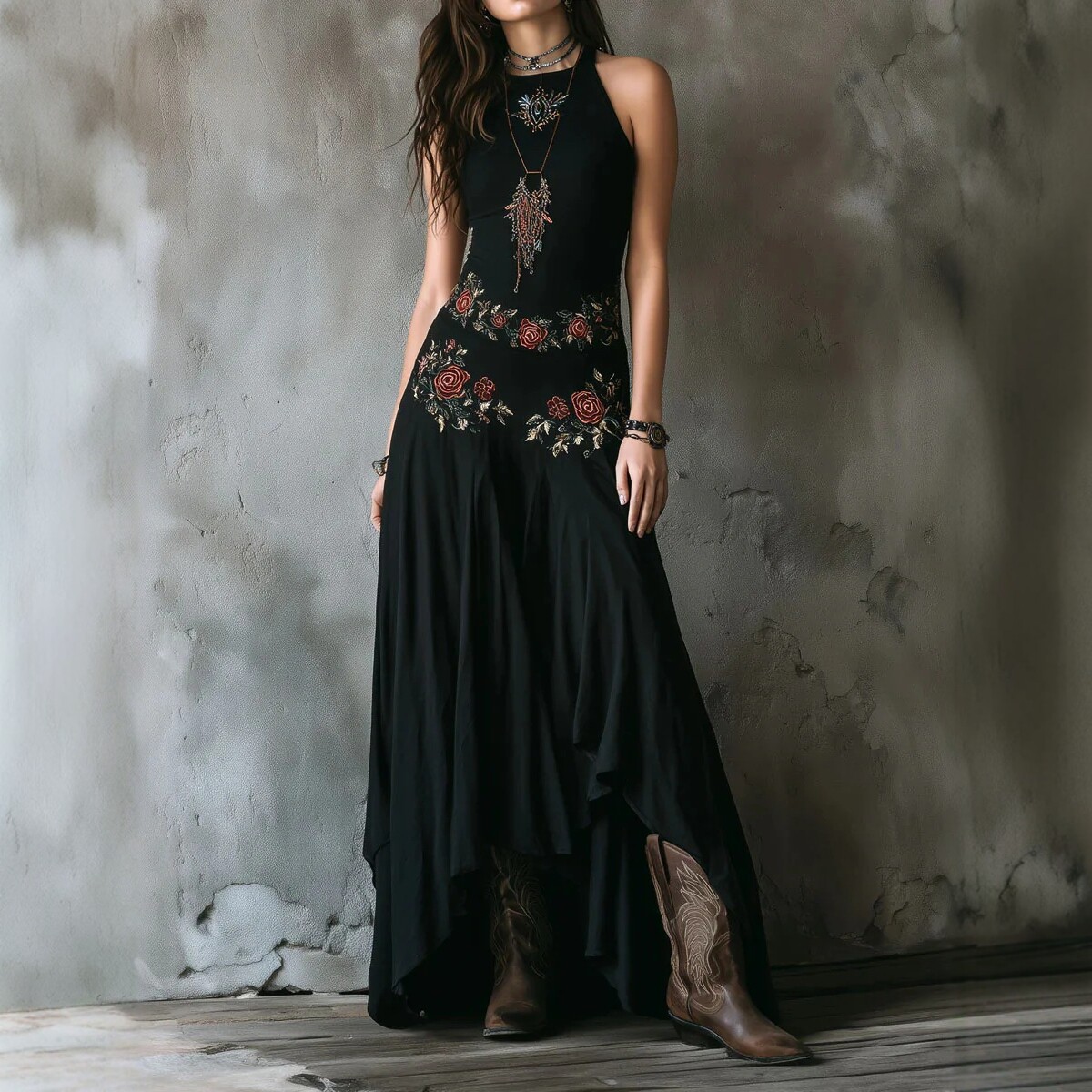 Retro Embroidered Black High-Waist Asymmetric Hem Long Dress