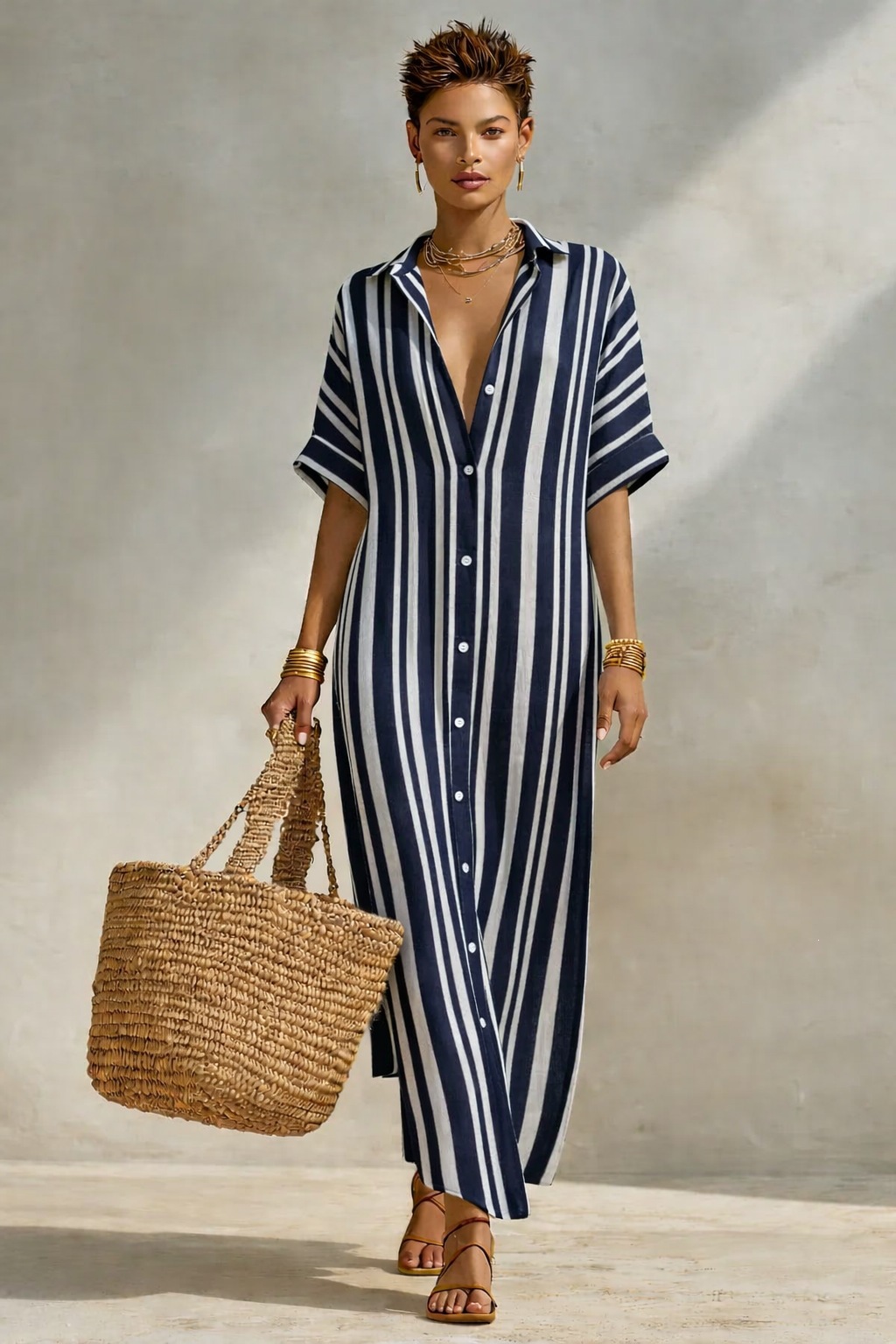 Women's Striped Shirt Dress Loose Casual Long Vacation Dress