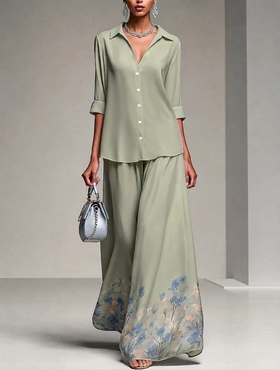 Floral Print Shirt and A-Line Midi Skirt Set with Collar and 3/4 Sleeves