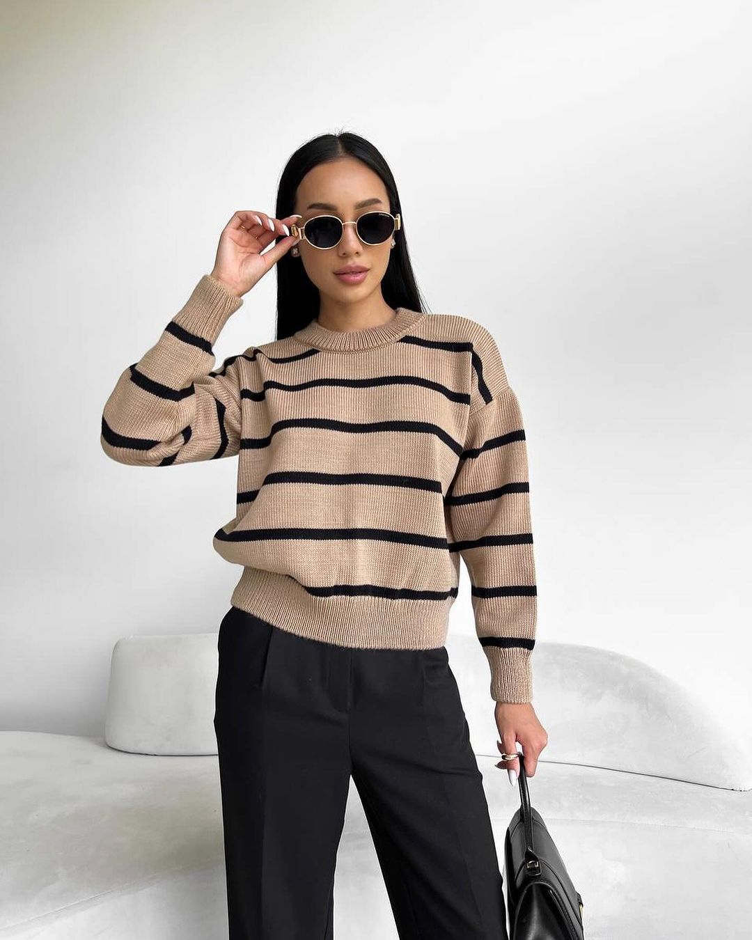 Striped Knit Sweater Crewneck Long Sleeve Colorblock Pullover