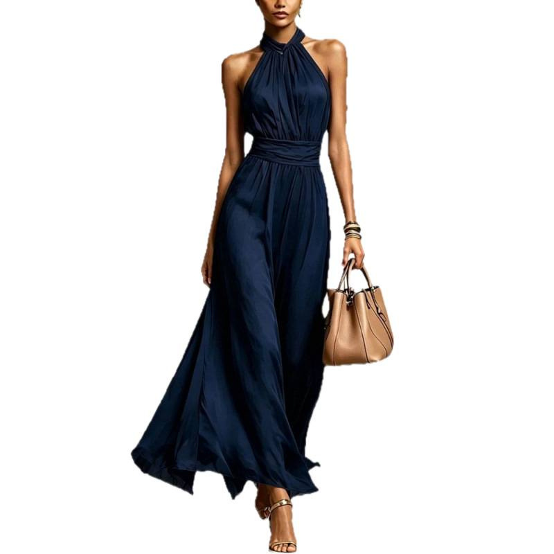 Women's Sleeveless Halter Neck Ruched Waist A-Line Long Dress