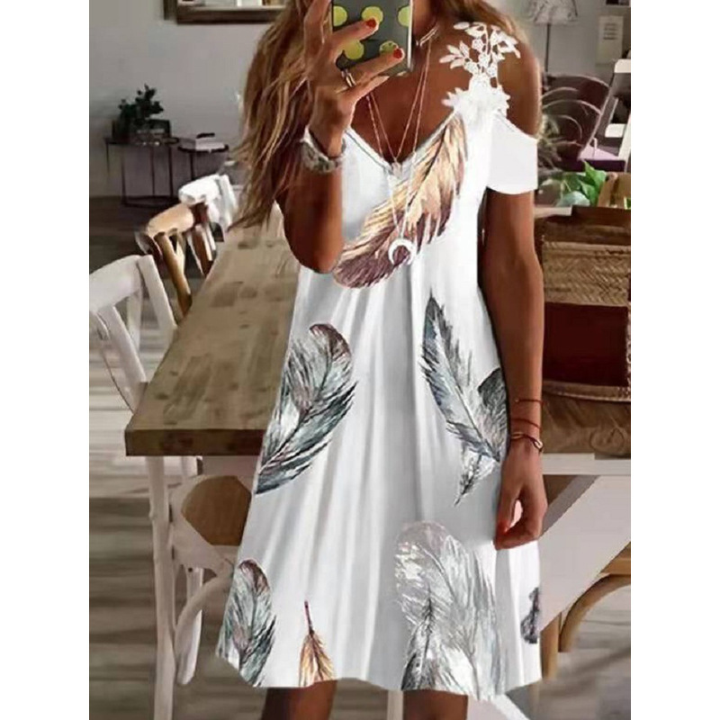 Women's Floral Print Off-Shoulder Lace Short Sleeve Dress