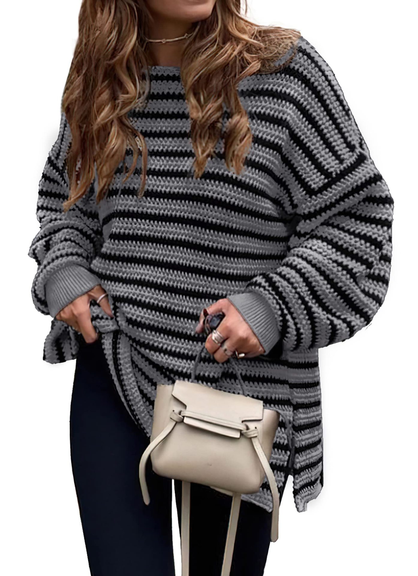 Striped Slit Loose Knit Sweater