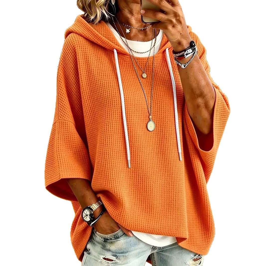 Women's Waffle Knit Hooded Drawstring Sweatshirt Casual Loose Fit