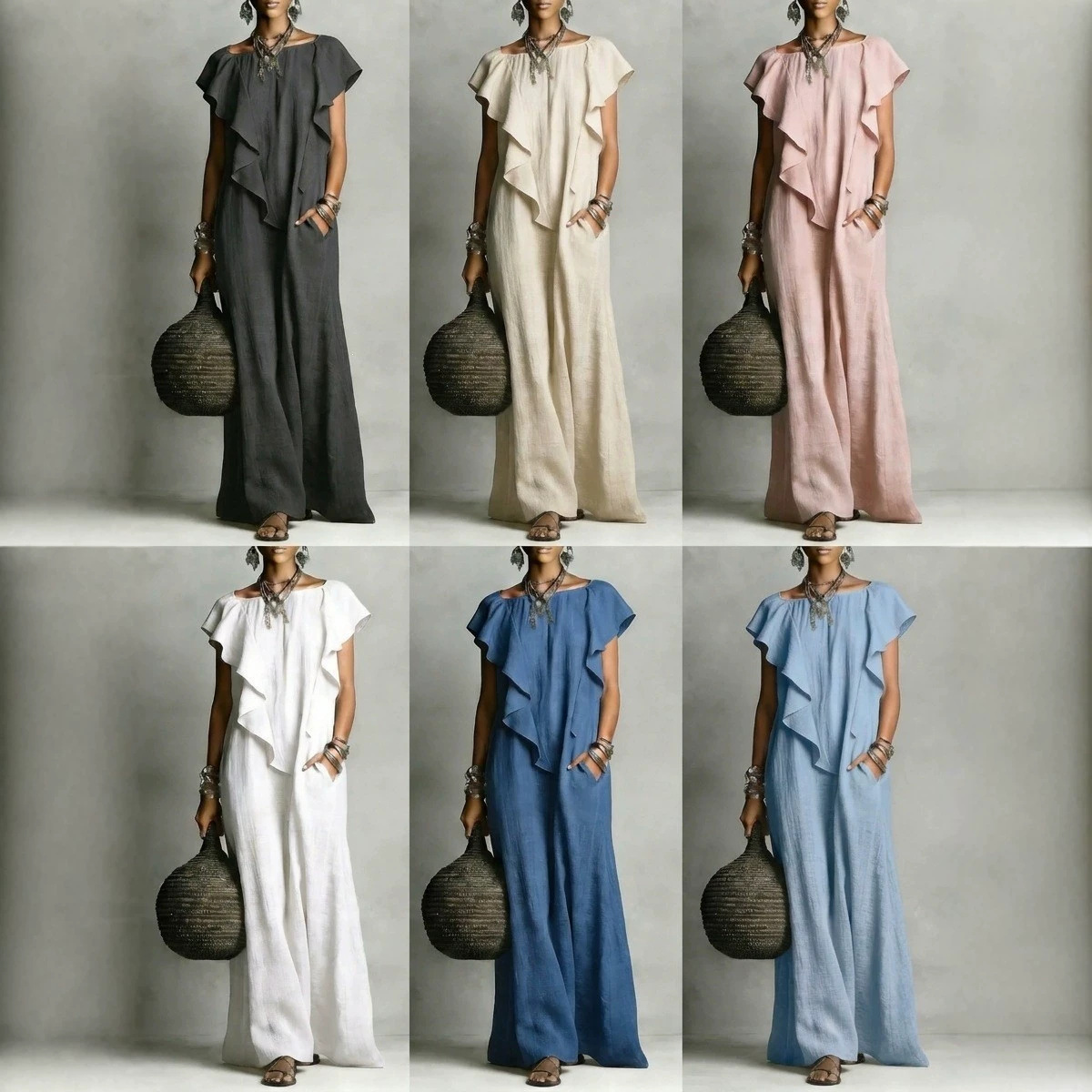 Women's Boat Neck Ruffle Long Dress Casual Loose Fit