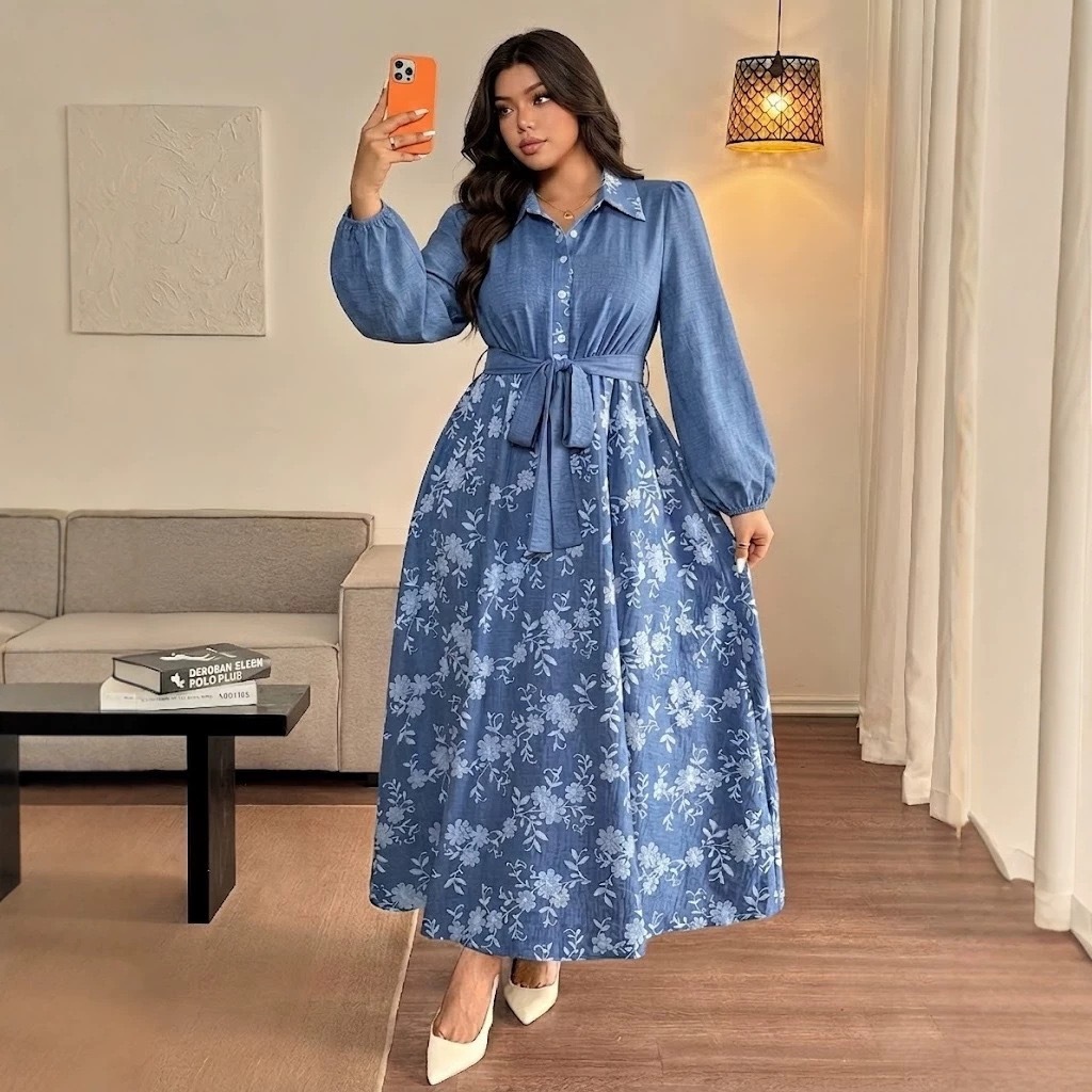 Floral Print Long Sleeve Maxi Dress with Waist Tie and Flared Skirt