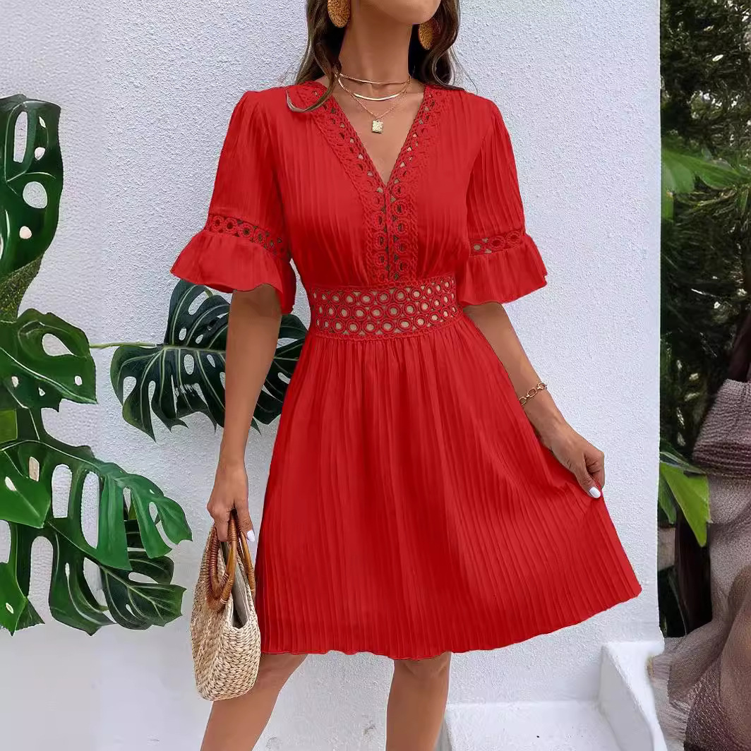 Women's Summer Lace Panel V-Neck Cinched Waist Solid Dress