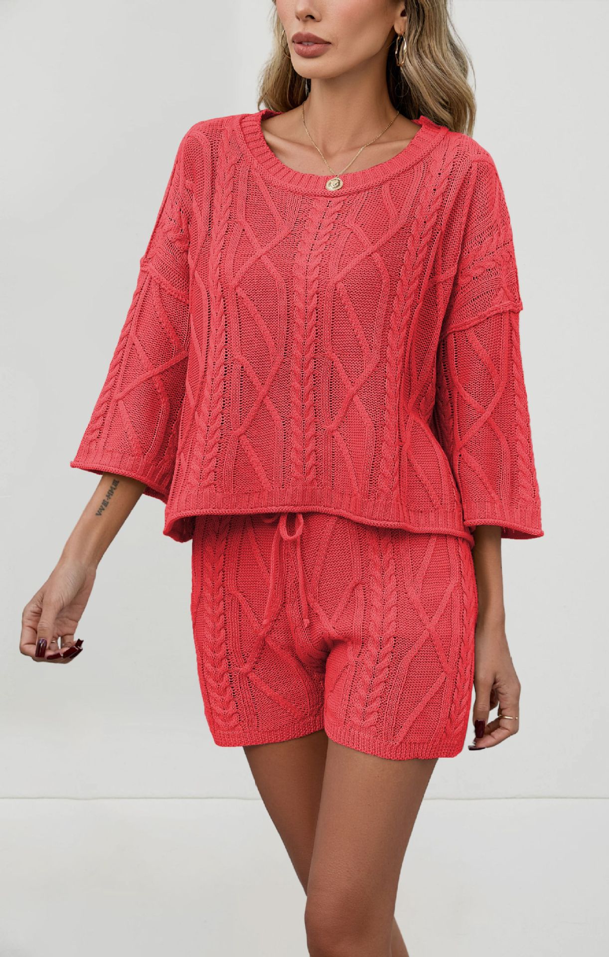 Cable-Knit Solid Color Crewneck Sweater and Shorts Set