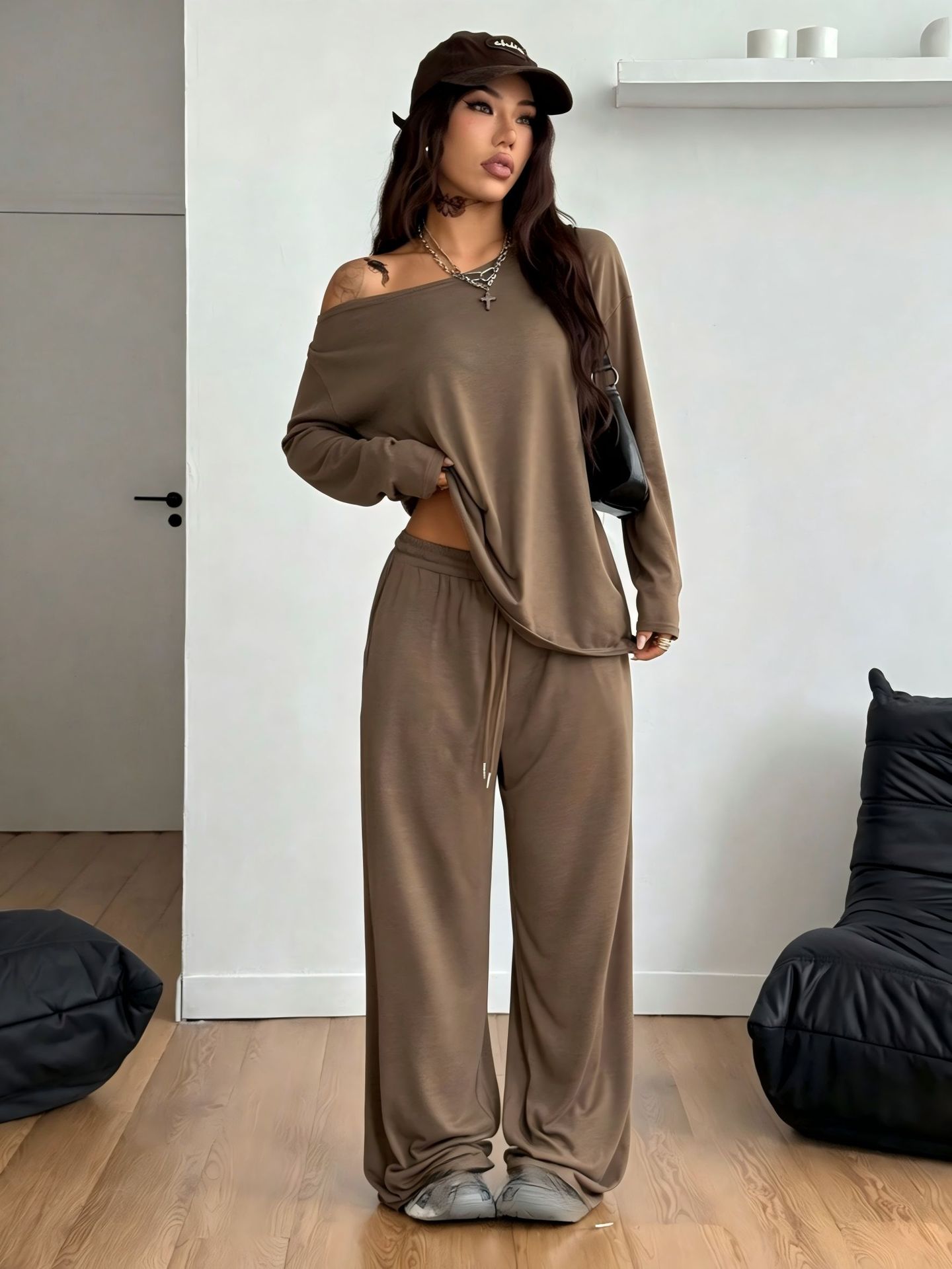 Women's Asymmetric Neck Wide-Leg Pants Set Solid Color Casual Two-Piece