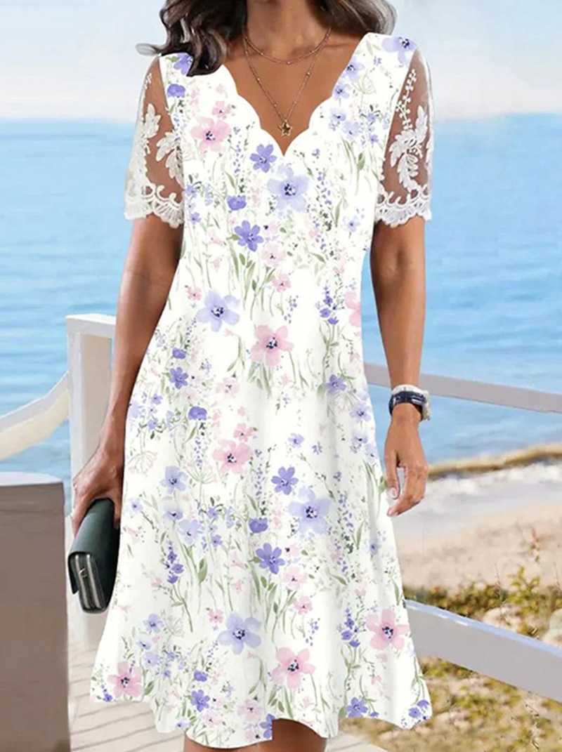 Women's Floral Print Lace Short Sleeve Wave Neck Dress