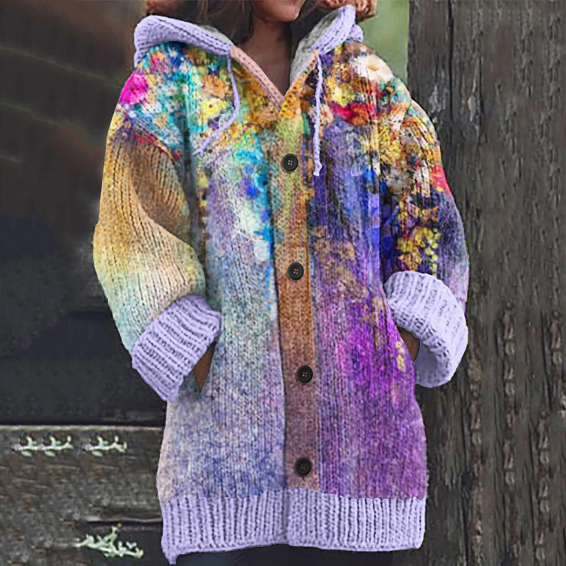 Women's Colorful Animal Print Hooded Button Cardigan Sweater